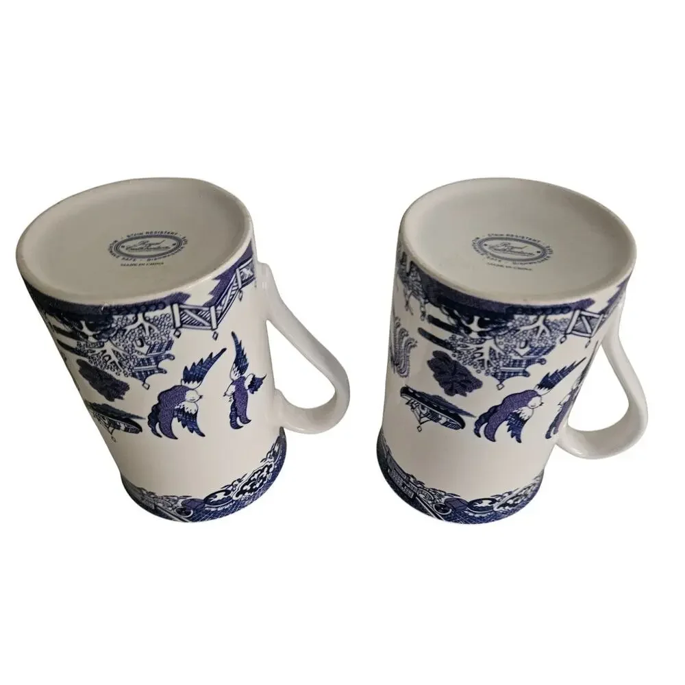 Royal Cuthbertson Blue Willow Mugs Set of 2 Blue White China